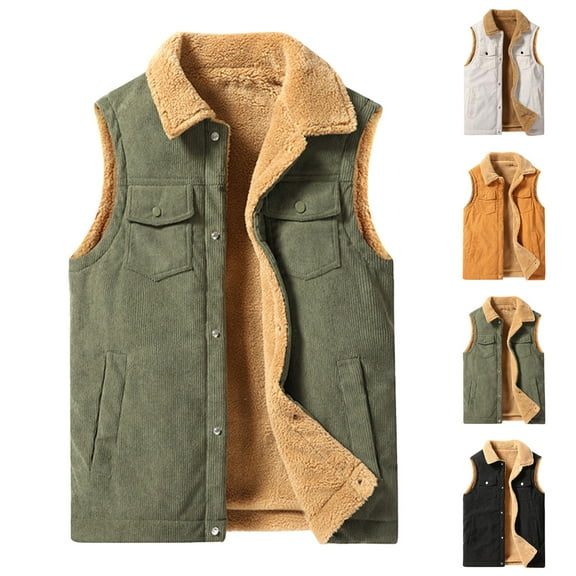 Mens Winter Vests Plus Size Thickened Velvet Gilet Warm Casual Corduroy Vest Fleece Lined Sleeveless Jacket Outerwear with Pockets