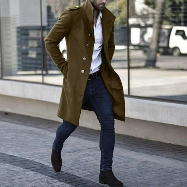 Mens Winter Warm Jacket Button Trench Coat Long Sleeve Overcoat