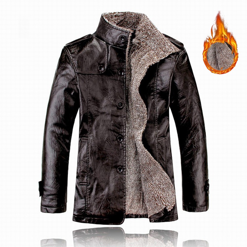 Mens Winter Warm PU Leather Fleece Fur Lined Trench Coat Jacket Thicken