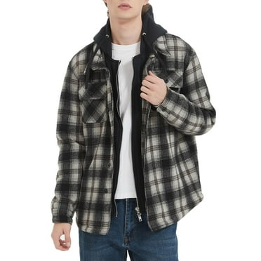 Mens Winter Warm Sherpa Fleece Lined Shirt Jackets Zip Up Flannel Plaid Shacket with Hood Thicken Coat Outwear