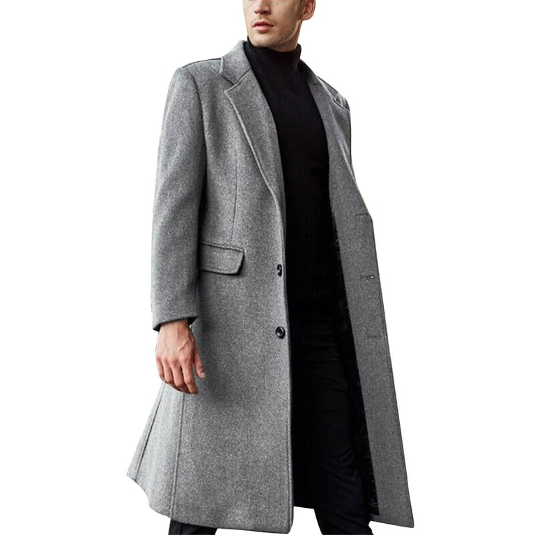 Olyvenn Men's And Winter Business Medium Long Woolen Coat Fashion Lapel  Warm Fashion Coat Outwear Padded Sports Fitness Overcoat Gray 16 