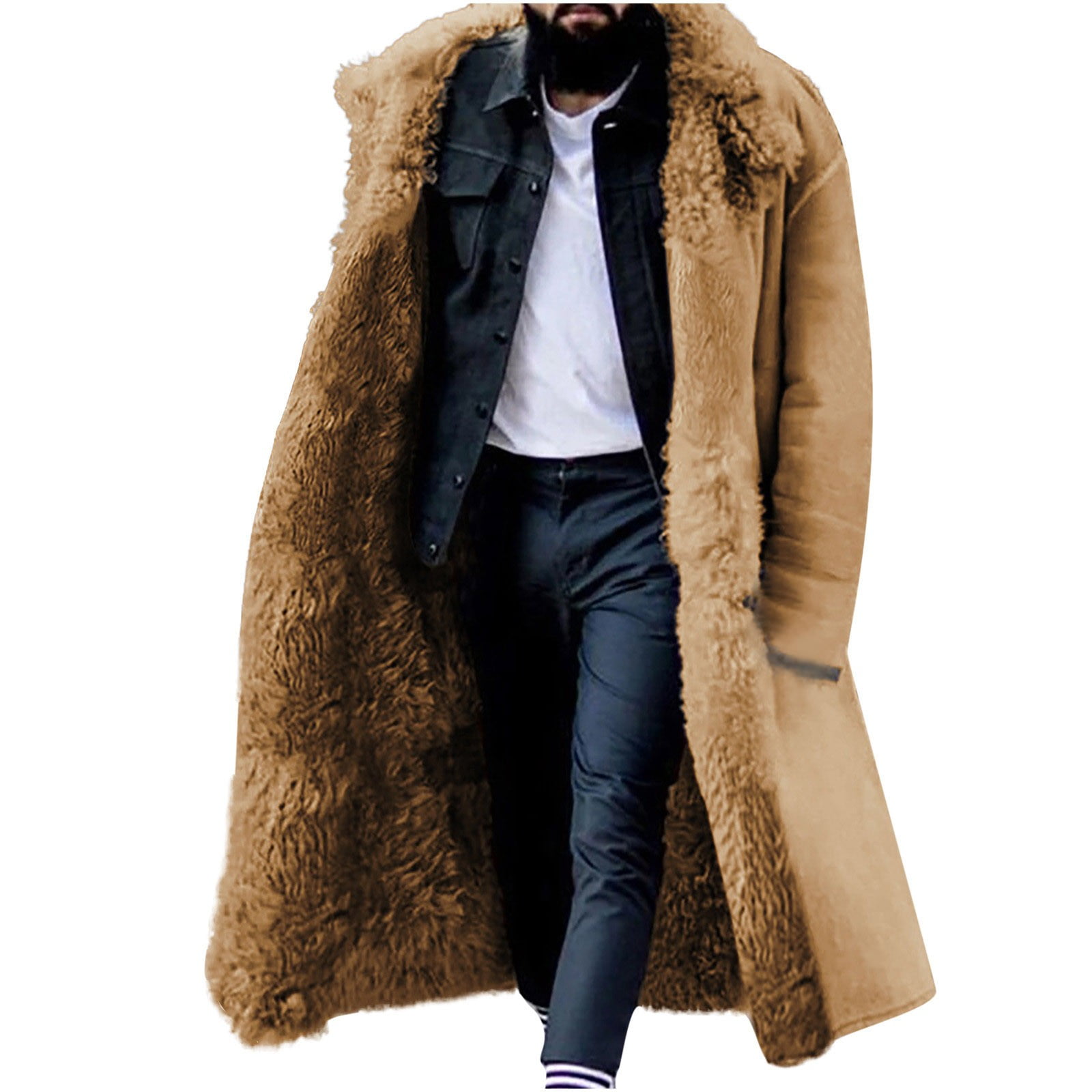 Mens Winter Warmth Trench Overcoat Faux Fur Collar Plus Size Coat Business Long Pea Coats Thick Fleece Lining Jacket Walmart