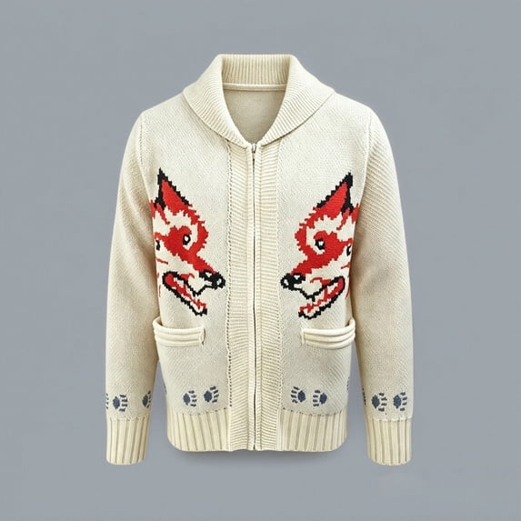 Mens Wolf Cardigan Sweater Knitted Jacket Zip Up Graphic Knitwear for Casual Daily Warm Pullover Top for Fall Winter
