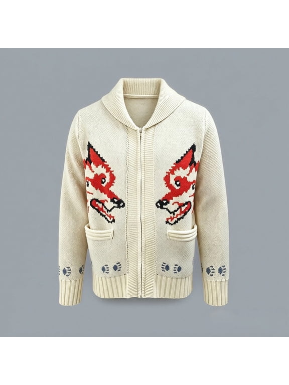 Mens Wolf Cardigan Sweater Knitted Jacket Zip Up Graphic Knitwear for Casual Daily Warm Pullover Top for Fall Winter