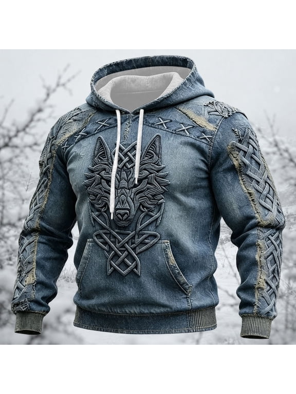 Mens Wolf Hoodie Celtic Knot Print Long Sleeve Sweatshirts Drawstring Hood Banded Norse Pullover Top Blue S