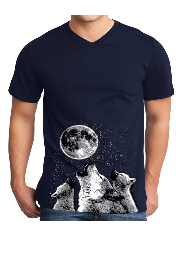 Mens Wolves with Moon (bottom print) V-neck Tee Shirt - Navy, 3XL