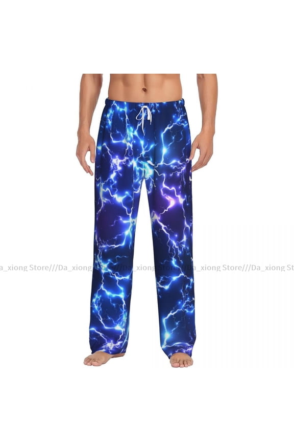 Mens Woman Casual Pajama Long Pant Loose Elastic Waistband Abstract Blue Lightning Cozy Sleepwear Home Lounge Pants