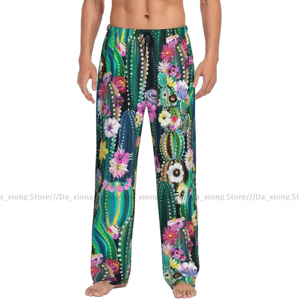 Mens Woman Casual Pajama Long Pant Loose Elastic Waistband Blooming