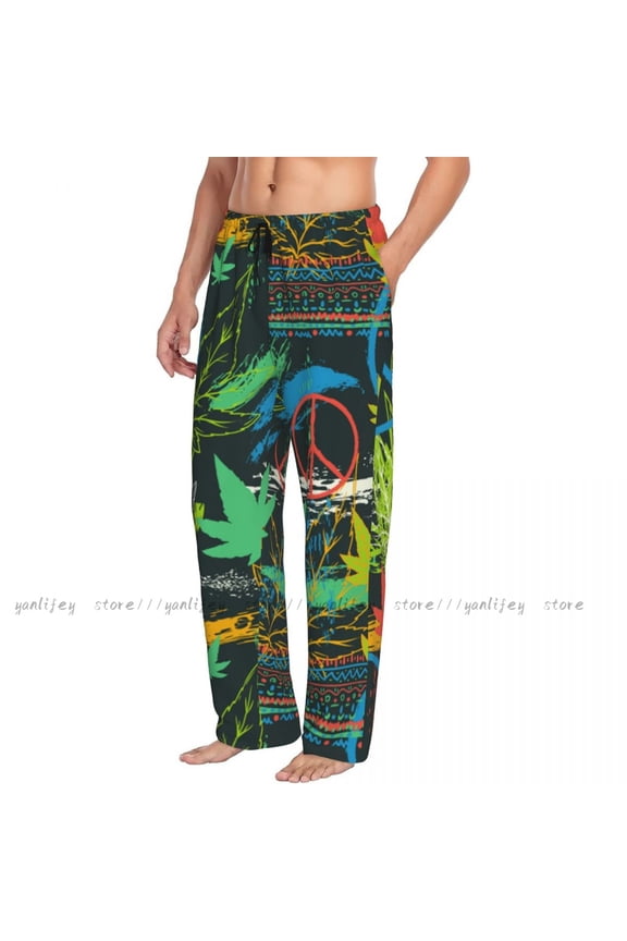 Mens Woman Casual Pajama Long Pant Loose Elastic Waistband Peace Symbol And Grunge Brush Strokes Cozy Sleepwear Home Lounge Pants
