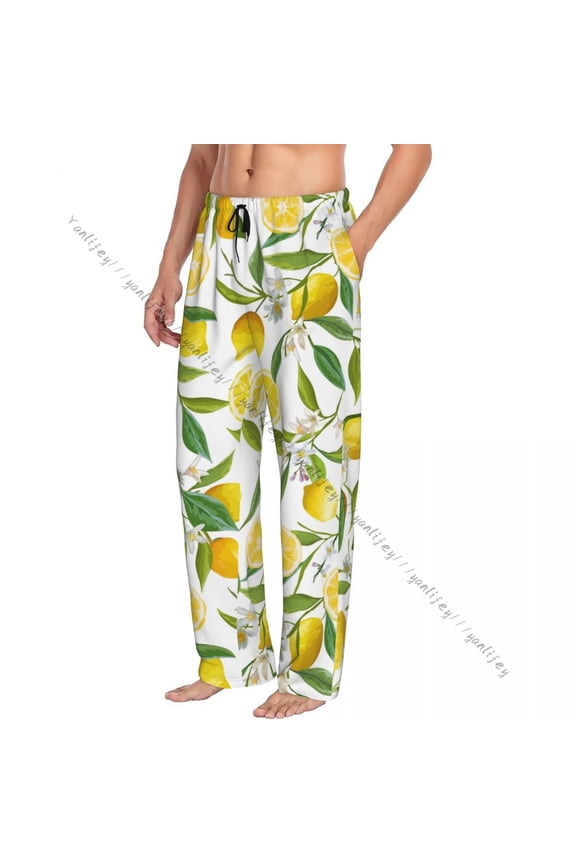 Mens Woman Casual Pajama Sleeping Pants Fruits Lemon Floral Pattern Lounge Loose Trousers Comfortable Nightwear