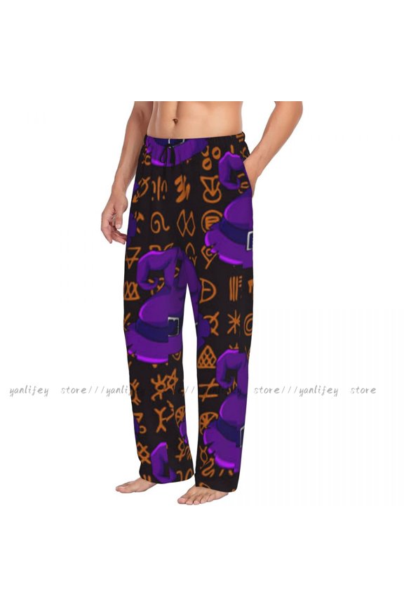 Mens Woman Casual Pajama Sleeping Pants Purple Witch Hats On Ancient Mystic Symbols Lounge Loose Trousers Comfortable Nightwear