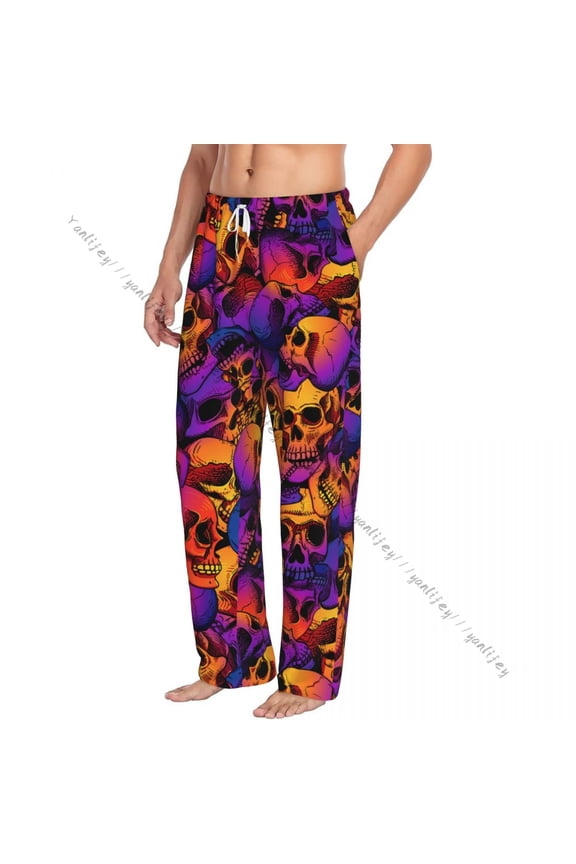 Mens Woman Sleepwear Loose Sleep Pants Pajamas Bright Skulls Long Lounge Bottoms Casual Homewear