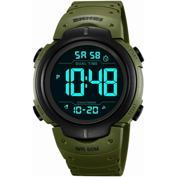 Mens Women Digital Watch Big Dial Light LED Swim Waterproof Rubber Band Alarm Black LED Watches 50MM