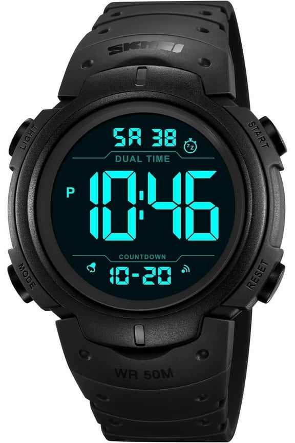 Mens Women Digital Watch Big Dial Light LED Swim Waterproof Rubber Band Alarm Black LED Watches 50MM