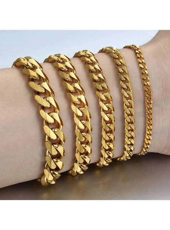 Mens Women Gold Plated Stainless Steel Curb Cuban Bracelet Chain 3/5/7/9/11mm Wide