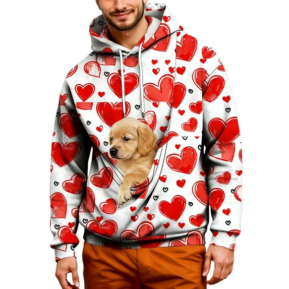 Mens Women Unisex Pet Pouch Hoodies Cat Dog Pouch Valentines Heart Printed Sweatshirt Couple's Animal Carriers Pullover with Pockets Red S Red L