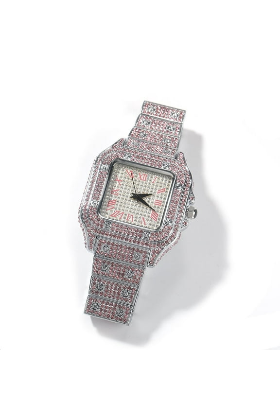 Mens Women White Gold Finish Blue Pink Simulated Diamond Bling Stainless Steel Iced Out Hip Hop Square Roman Numeral Luxury Watch 35mm