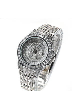 Mens Women White Gold Finish Simulated Diamond Bling Stainless Steel Fully Iced Out Hip Hop Round Date Function Rapper Luxury Watch 42mm