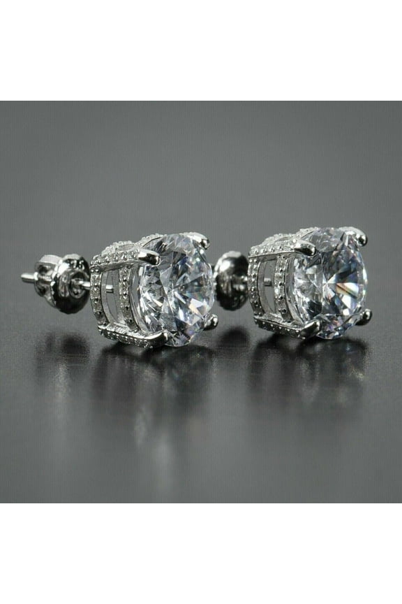 Mens Women's 4ct Round Cut CZ White Gold Plated Cut Stud Screw Back Earrings