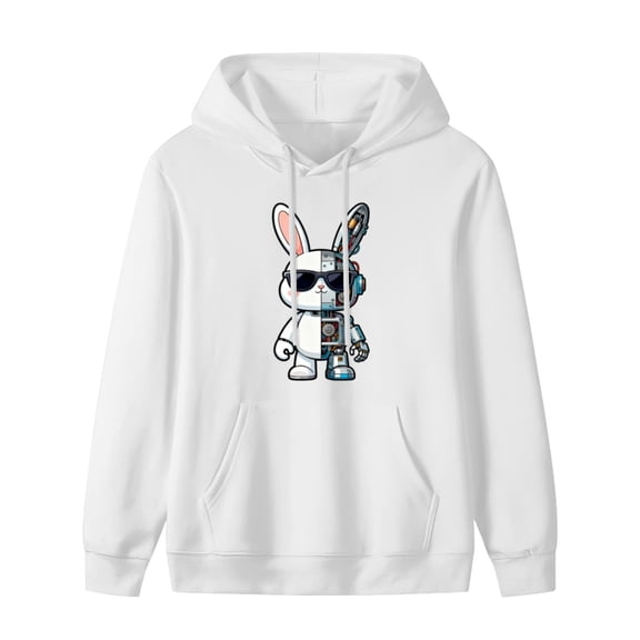 Mens Women's Fashion Mechanical Rabbit Print Loose Hoodie Sweatshirt Men's Long Sleeve Kangaroo Pocket Drop Shoulder Pullovers Top Oversized Casual Comfy Fall Fashion Outfits Clothes