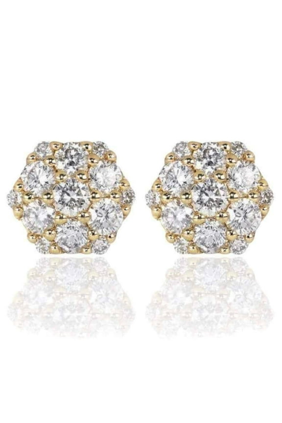 Mens Women's Large Octagon Flower Cluster Yellow Gold Plated 925 Sterling Silver Big Hip Hop Mens Women's Large Stud Earrings
