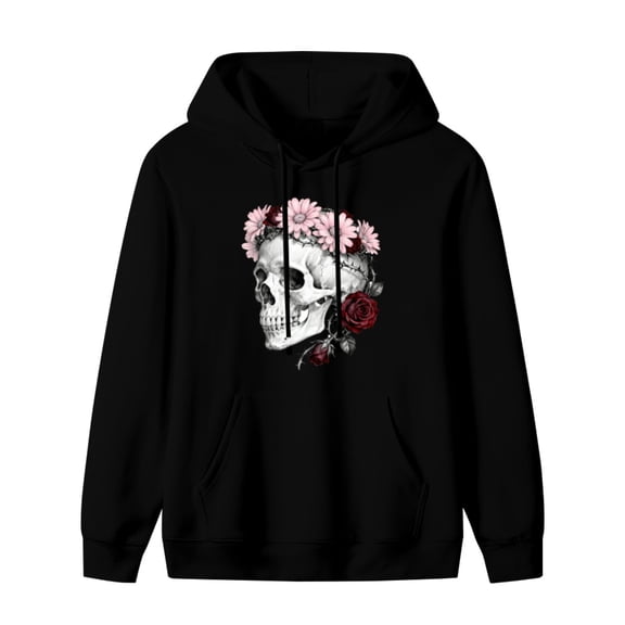 Mens Women's Skull Floal Print Loose Hoodie Sweatshirt Men's Long Sleeve Kangaroo Pocket Drop Shoulder Pullovers Top Oversized Casual Comfy Fall Fashion Outfits Clothes