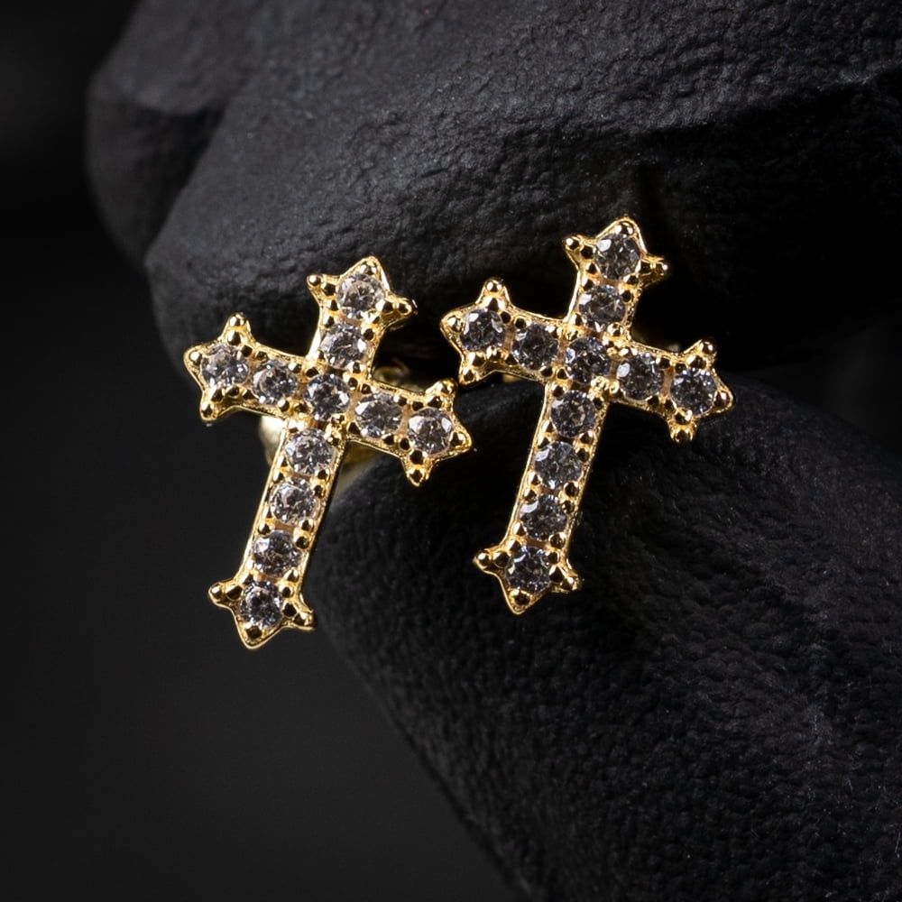 Small Mens Women's Prong Set Iced 5A Cz Hip Hop Yellow Gold 925 Sterling Silver Screw Back Post Hypoallergenic Crucifix Ice Out Cubic Zirconia Gothic Cross Stud Earrings