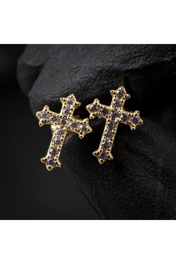 Small Mens Women's Prong Set Iced 5A Cz Hip Hop Yellow Gold 925 Sterling Silver Screw Back Post Hypoallergenic Crucifix Ice Out Cubic Zirconia Gothic Cross Stud Earrings