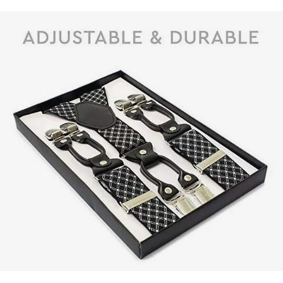 Mens Womens Adjustable Elastic Y Back Style GIFT BOXED Suspenders 6 Clips Black White Square Design