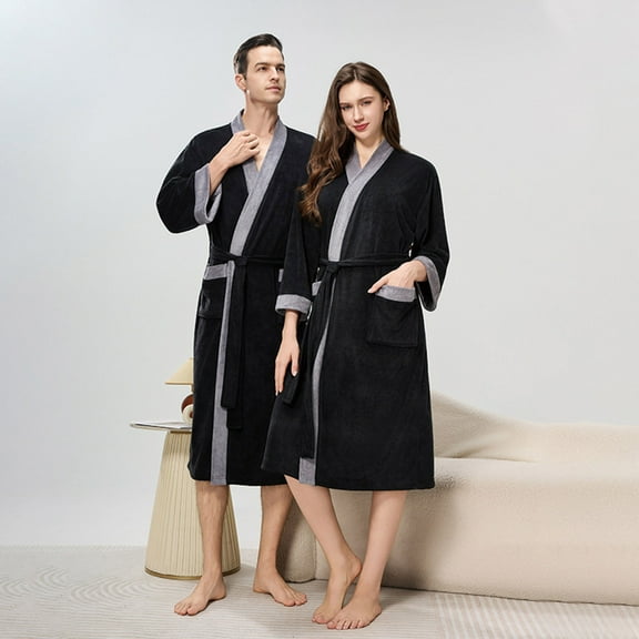 Mens Womens Bath Robes Long Sleeve Open Front Fleece Bathrobes with Pockets and Belt Color Block Thermal Warm Knee Length Loungewear Shower Robe