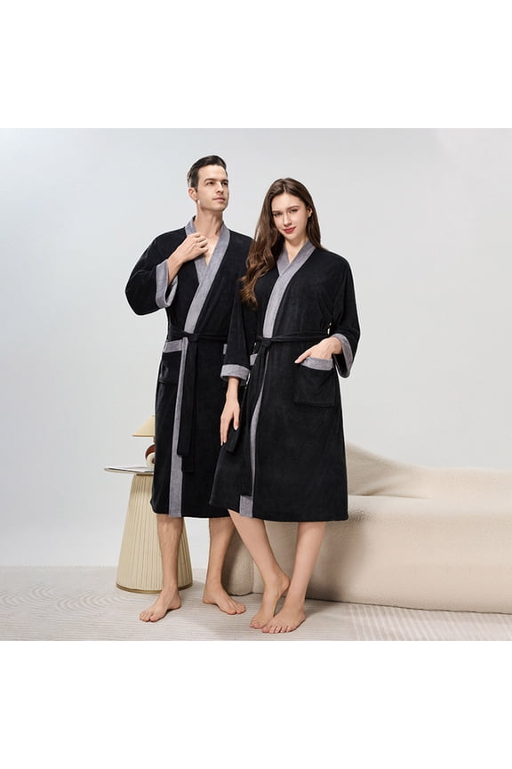 Mens Womens Bath Robes Long Sleeve Open Front Fleece Bathrobes with Pockets and Belt Color Block Thermal Warm Knee Length Loungewear Shower Robe