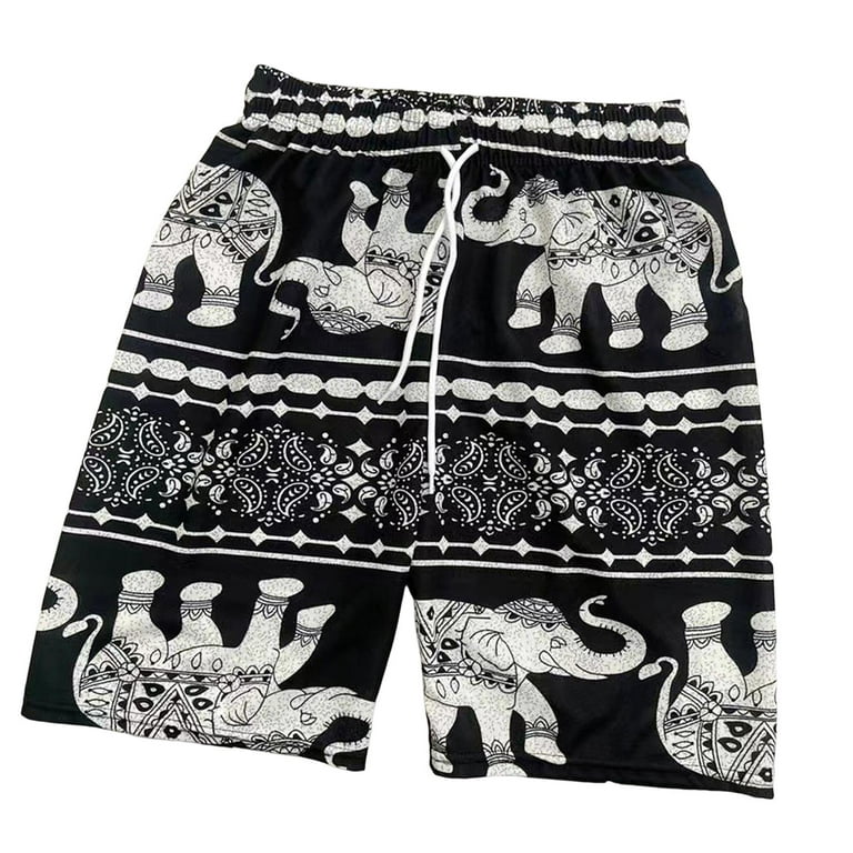 White and Black Elephant Shorts with Drawstring, Short-Skirts, Black