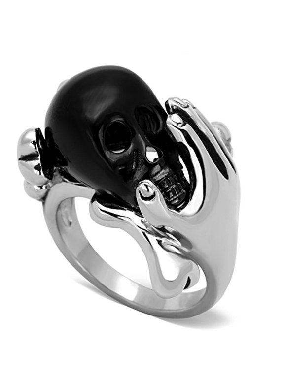 Mens Womens Black Skull Silver Ring in Hands Anillo Para Mujer Hombre Stainless Steel Ring with Epoxy in Jet