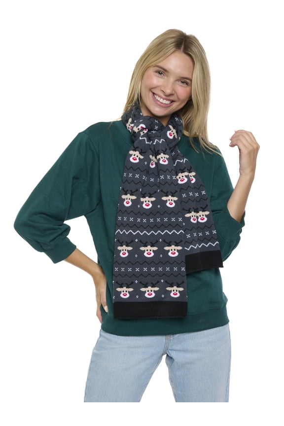 Mens Womens Christmas Reindeer Knit Scarf 70" Fair Isle Double Sided Print