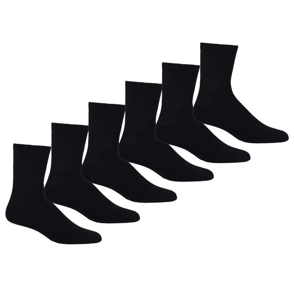 Mens Womens Diabetic Crew Socks Cotton 6-Pack Non-Binding Top & Cushion Sole - Black, 13-15
