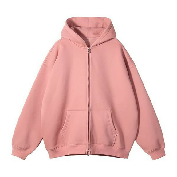 Mens Womens Drop Shoulder Double Zip Up Hoodie Solid Color Long Sleeve Cardigan Jacket