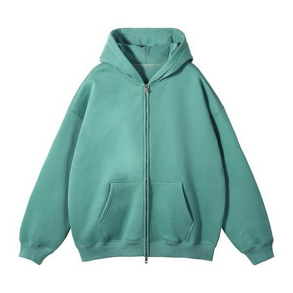 Mens Womens Drop Shoulder Double Zip Up Hoodie Solid Color Long Sleeve Cardigan Jacket