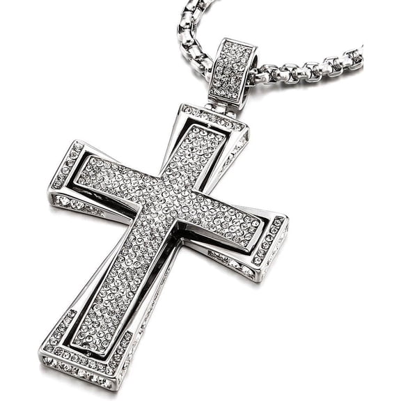 Mens Womens EXTRA LARGE Steel Cross Pendant Necklace with Cubic Zirconia and Wheat Chain