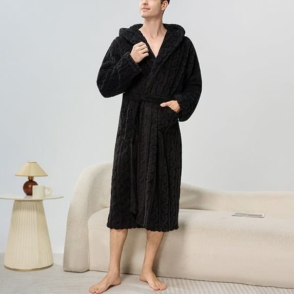 Mens Womens Fleece Robes with Hood and Pockets Plush Long Sleeve Bathrobes Couples Solid Thermal Warm Below-The-Knee Loungewear Bath Robe Pajamas