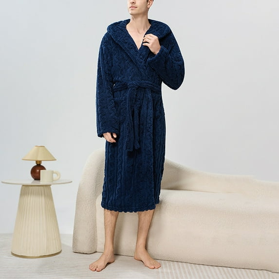 Mens Womens Fleece Robes with Hood and Pockets Plush Long Sleeve Bathrobes Couples Solid Thermal Warm Below-The-Knee Loungewear Bath Robe Pajamas