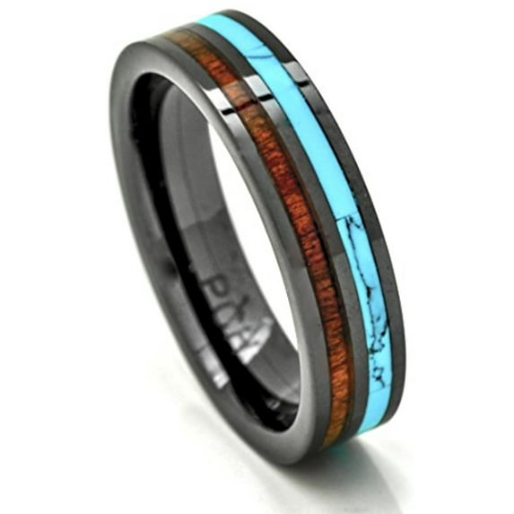 Mens Womens Koa Wood Wedding Band with Turquoise 6mm Flat Top Black Ceramic Size 6 to 15 (11.5)