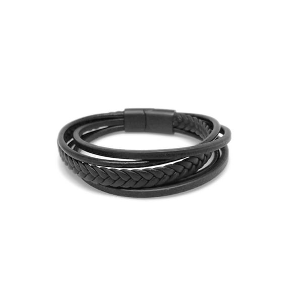 Mens Womens Layered Black Leather Braided Bracelet with Stainless Steel Magnetic Clasp (9)