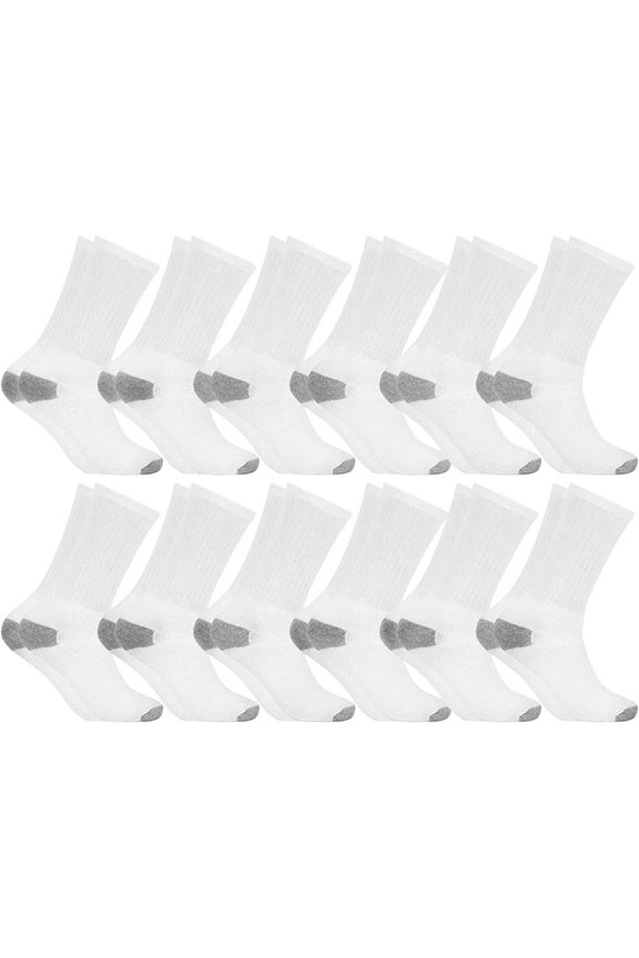 Mens & Womens Lightweight Cotton Crew Socks Bulk, Homeless Donation Cheap, Wholesale Sock (12 Pairs White Mens/Gray Heel and Toe)