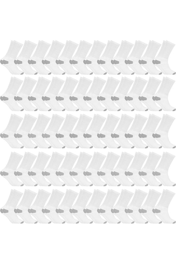 Mens & Womens Lightweight Cotton Crew Socks Bulk, Homeless Donation Cheap, Wholesale Sock (60 Pairs White Mens/Gray Heel and Toe)