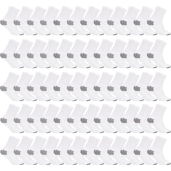 Mens & Womens Lightweight Cotton Crew Socks Bulk, Homeless Donation Cheap, Wholesale Sock (60 Pairs White Womens/Gray Heel and Toe)