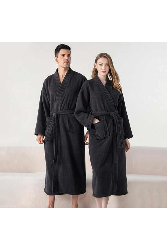 Mens Womens Long Sleeve Robes with Pockets and Belt Plush Fleece Bathrobes Unisex Couples Casual Solid Color Warm Below-The-Knee Loungewear Bath Robe