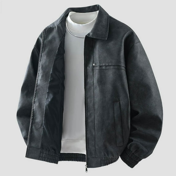 Mens Womens PU-Leather Jackets with Pockets Zip-Up Collared Coats Couples Trendy Solid Color Long Sleeve Windbreaker Warm Motorcycle Outerwear Jacket