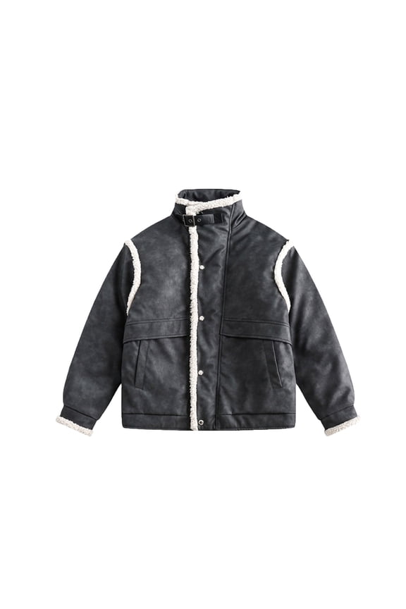 Mens Womens PU-Leather Quilted Jackets with Pockets Long Sleeve Coats Zip Up Button-Down Stand Collared Fleece Splice Solid Warm Motorcycle Jacket