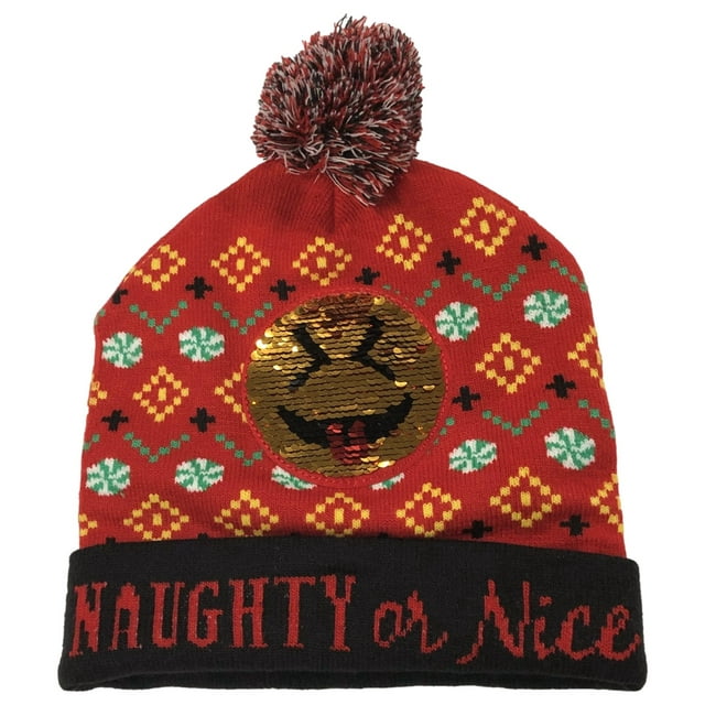 Mens & Womens Red Flip Sequin Naughty Or Nice Christmas Holiday Cap Beanie Hat