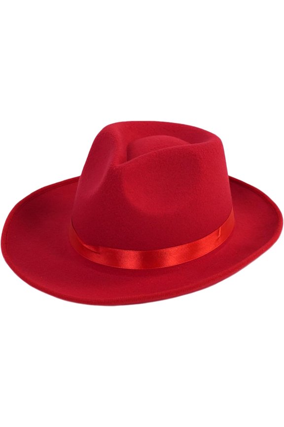 Mens Womens Red Wide Brim Felt Fedora Hat with Satin Ribbon Classic Dress Rancher Cap